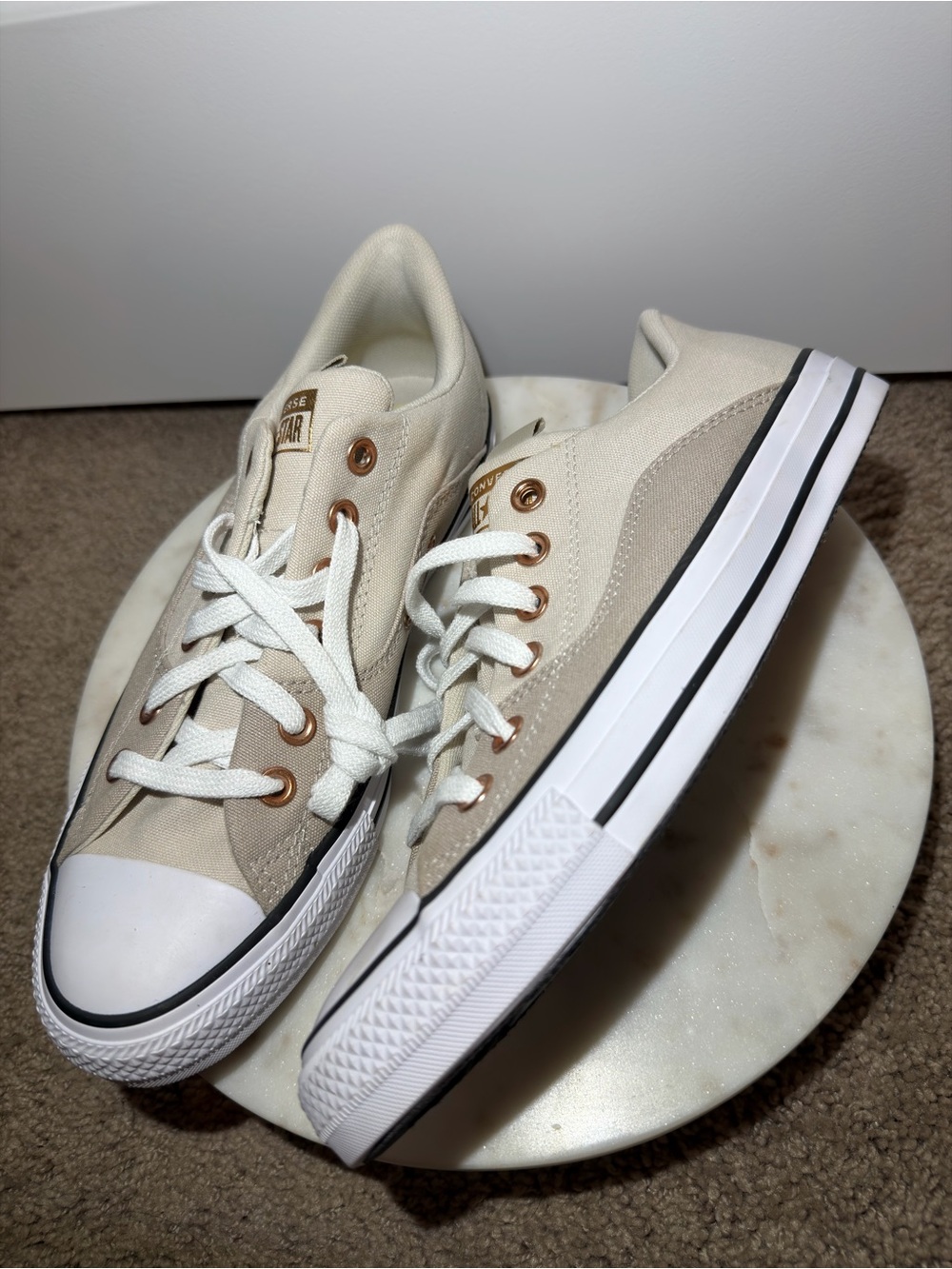 Converse Low Top Sneakers in Beige and White with Bronze Eyelets